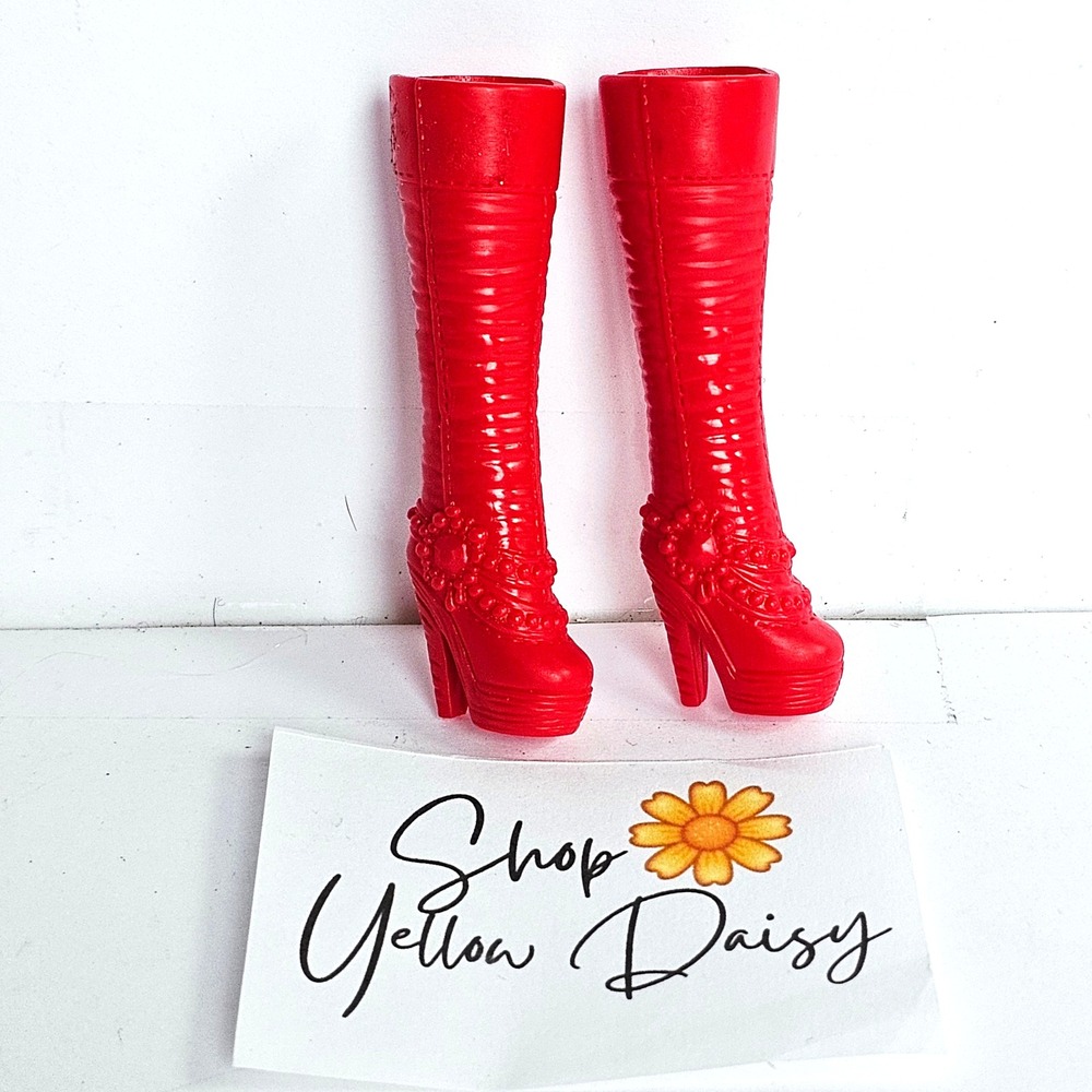 Y2K Barbie Doll Boots Red‎ Knee High Platform Beaded Floral Barbiecore Accessory